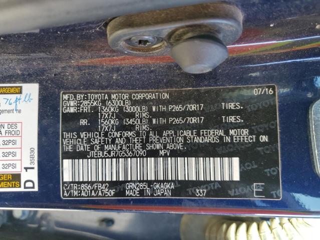 Photo 10 from auction – 2016 TOYOTA 4RUNNER SR with VIN JTEBU5JR7G5367090