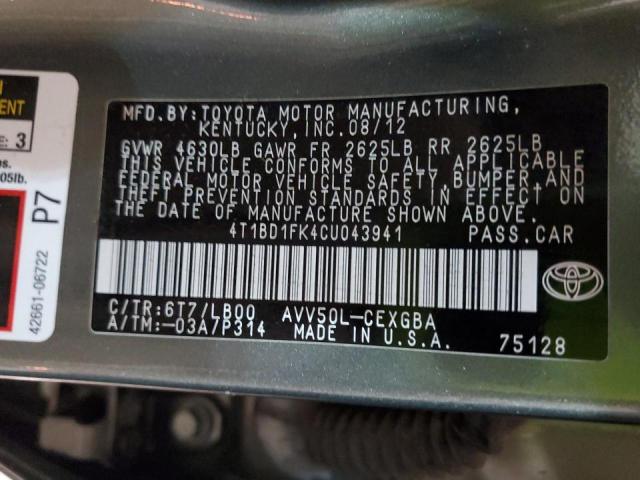 Photo 10 from auction – 2012 TOYOTA CAMRY HYBR with VIN 4T1BD1FK4CU043941