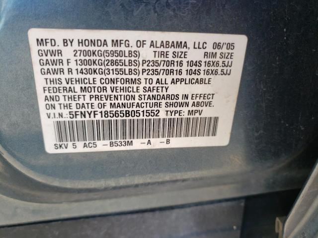 Foto 10 de la subasta – 2005 HONDA PILOT EXL con VIN 5FNYF18565B051552