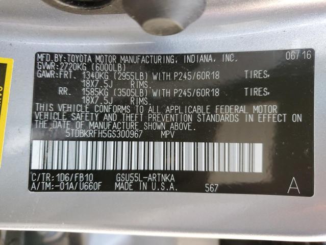 Photo 10 from auction – 2016 TOYOTA HIGHLANDER with VIN 5TDBKRFH5GS300967