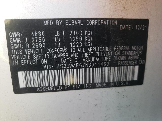 Photo 10 from auction – 2022 SUBARU LEGACY PRE with VIN 4S3BWAF67N3011463