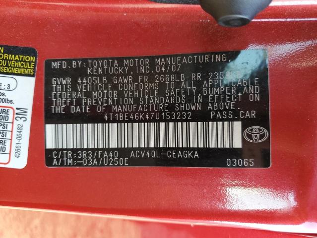 Photo 10 from auction – 2007 TOYOTA CAMRY CE with VIN 4T1BE46K47U153232