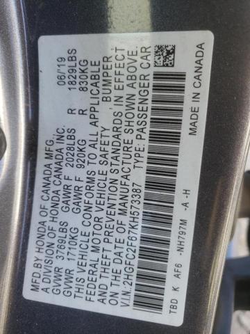 Photo 10 from auction – 2019 HONDA CIVIC LX with VIN 2HGFC2F67KH573387