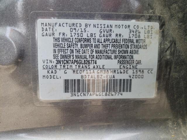 Photo 10 from auction – 2016 NISSAN VERSA S with VIN 3N1CN7AP6GL826774