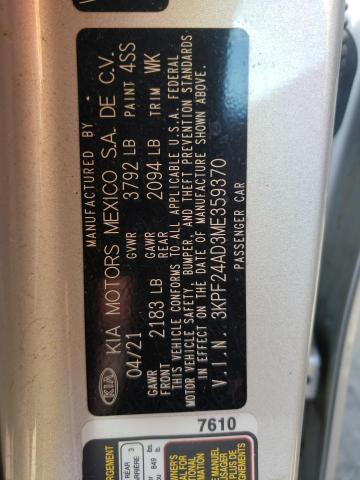 Photo 10 from auction – 2021 KIA FORTE FE with VIN 3KPF24AD3ME359370