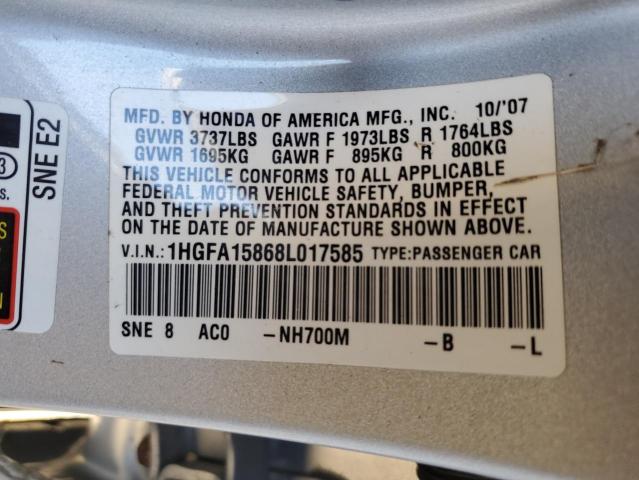 Photo 10 from auction – 2008 HONDA CIVIC EX with VIN 1HGFA15868L017585