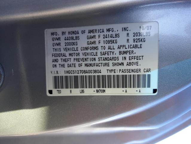 Photo 10 from auction – 2008 HONDA ACCORD EX with VIN 1HGCS12708A003804