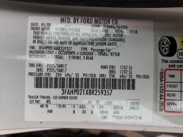 Photo 10 from auction – 2008 FORD FUSION with VIN 3FAHP021X8R259357