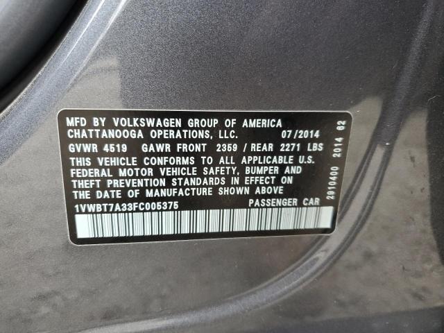 Photo 10 from auction – 2015 VOLKSWAGEN PASSAT SE with VIN 1VWBT7A33FC005375