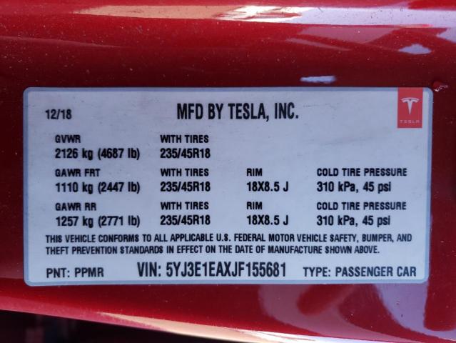 Photo 10 from auction – 2018 TESLA MODEL 3 with VIN 5YJ3E1EAXJF155681