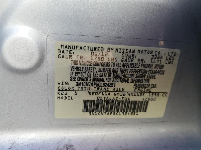 Photo 10 from auction – 2012 NISSAN VERSA S with VIN 3N1CN7AP5CL924351