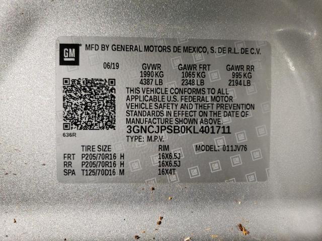 Photo 10 from auction – 2019 CHEVROLET TRAX 1LT with VIN 3GNCJPSB0KL401711