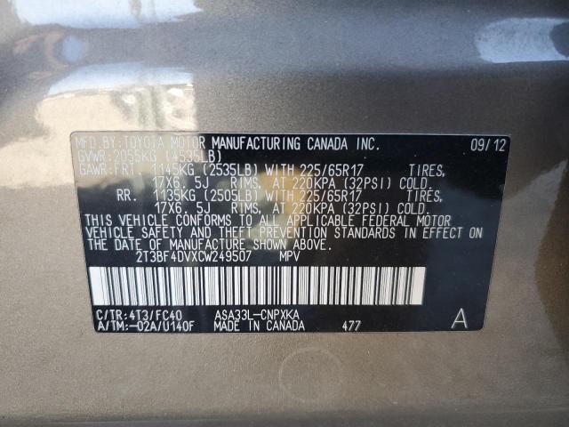 Photo 10 from auction – 2012 TOYOTA RAV4 with VIN 2T3BF4DVXCW249507