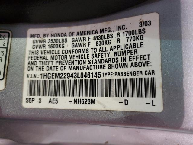 Photo 10 from auction – 2003 HONDA CIVIC with VIN 1HGEM22943L046145