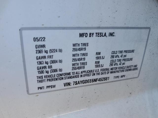 Photo 10 from auction – 2022 TESLA MODEL Y with VIN 7SAYGDEE6NF452881