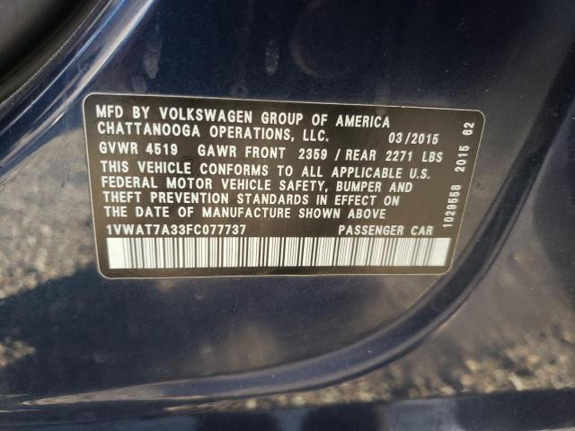 Photo 10 from auction – 2015 VOLKSWAGEN PASSAT S with VIN 1VWAT7A33FC077737