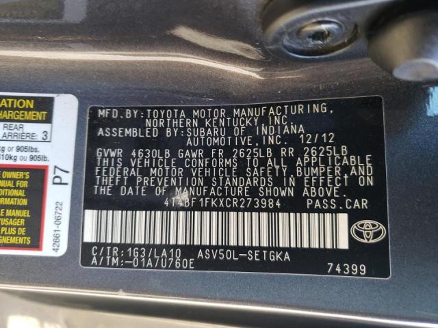 Photo 10 from auction – 2012 TOYOTA CAMRY BASE with VIN 4T4BF1FKXCR273984