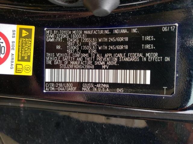 Photo 10 from auction – 2017 TOYOTA HIGHLANDER with VIN 5TDJZRFH0HS439848