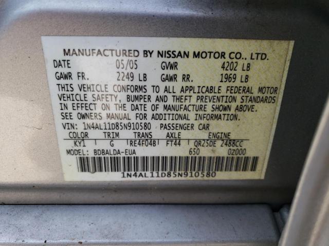 Photo 10 from auction – 2005 NISSAN ALTIMA S with VIN 1N4AL11D85N910580