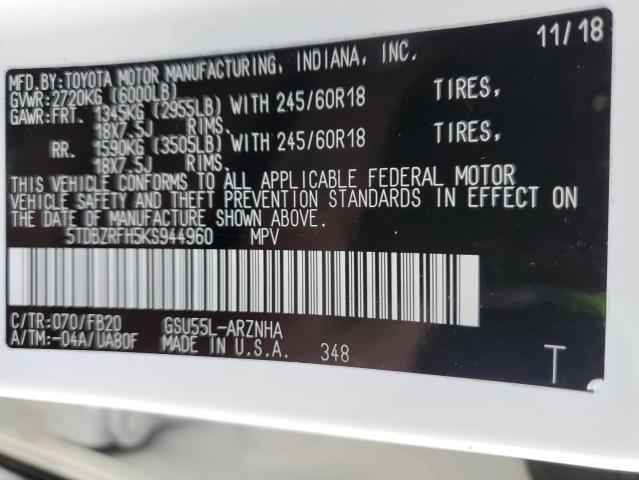 Photo 10 from auction – 2019 TOYOTA HIGHLANDER with VIN 5TDBZRFH5KS944960