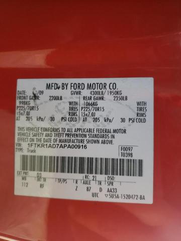 Photo 10 from auction – 2010 FORD RANGER with VIN 1FTKR1AD7APA00916