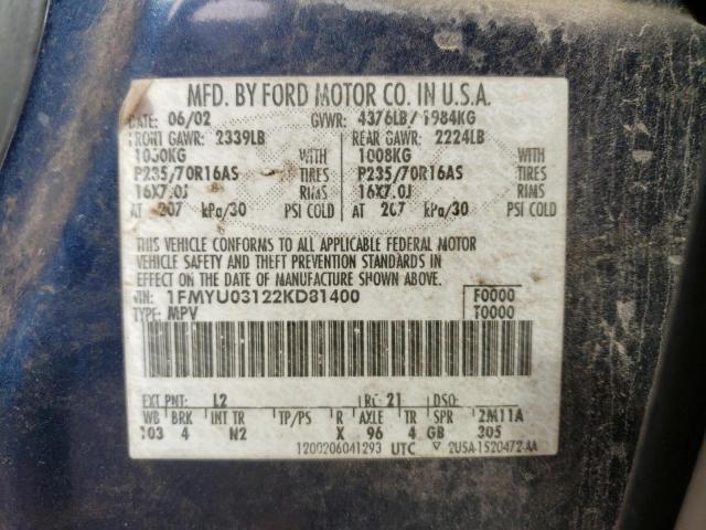 Photo 10 from auction – 2002 FORD ESCAPE XLT with VIN 1FMYU03122KD81400
