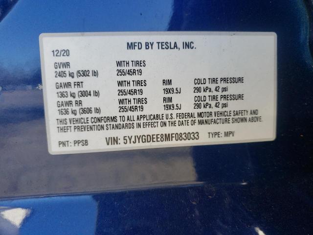 Photo 10 from auction – 2021 TESLA MODEL Y with VIN 5YJYGDEE8MF083033