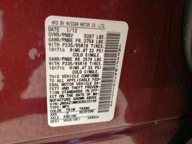 Photo 10 from auction – 2012 NISSAN MURANO S with VIN JN8AZ1MW3CW220186