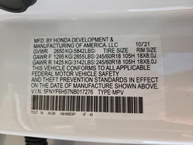 Photo 10 from auction – 2022 HONDA PILOT EXL with VIN 5FNYF6H57NB017276