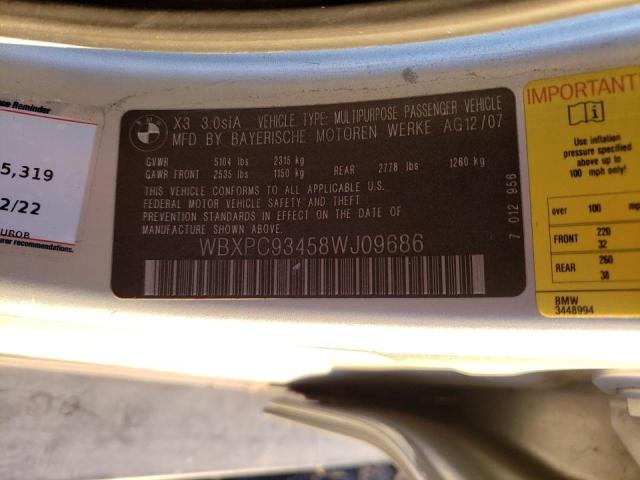 Photo 10 from auction – 2008 BMW X3 3.0SI with VIN WBXPC93458WJ09686