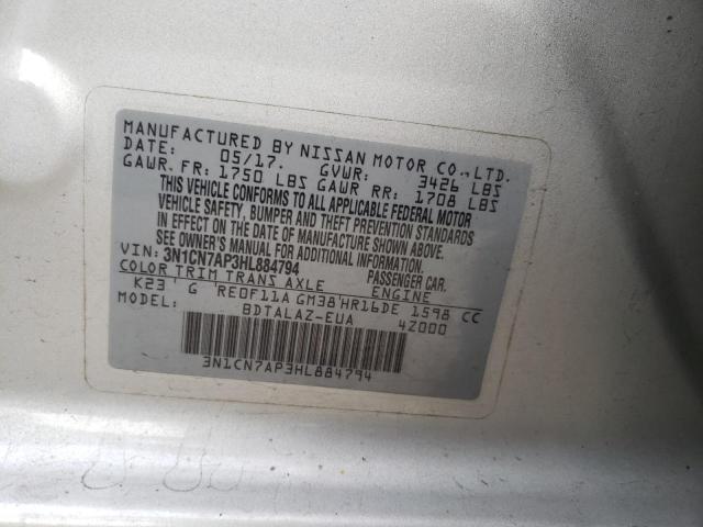 Photo 10 from auction – 2017 NISSAN VERSA S with VIN 3N1CN7AP3HL884794