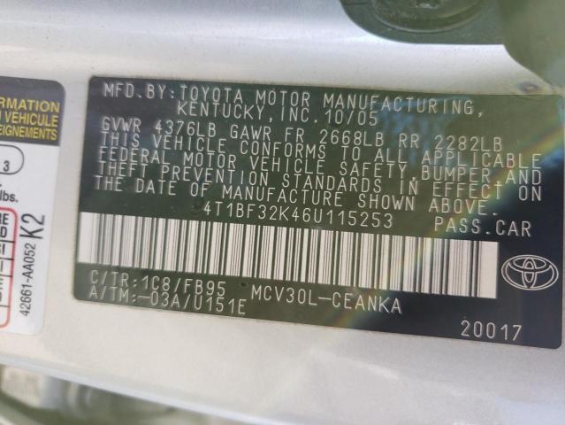 Photo 10 from auction – 2006 TOYOTA CAMRY LE with VIN 4T1BF32K46U115253