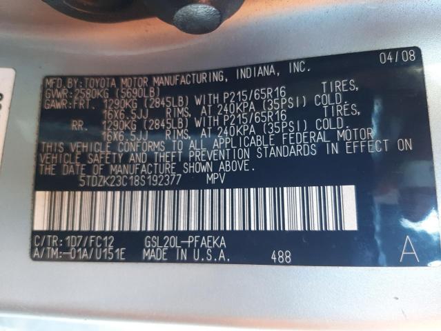Photo 10 from auction – 2008 TOYOTA SIENNA CE with VIN 5TDZK23C18S192377