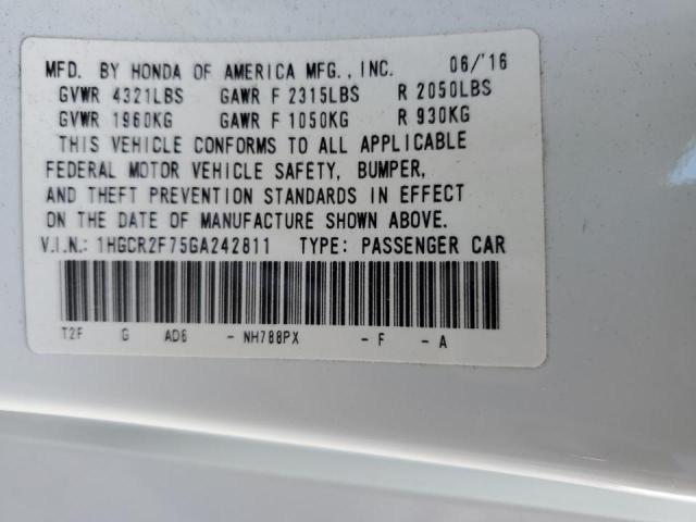 Photo 10 from auction – 2016 HONDA ACCORD EX with VIN 1HGCR2F75GA242811