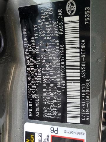 Photo 10 from auction – 2012 TOYOTA CAMRY BASE with VIN 4T4BF1FK0CR174946