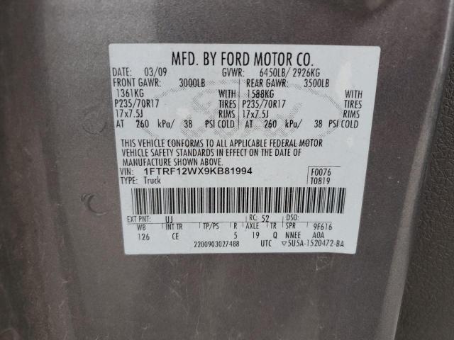 Photo 10 from auction – 2009 FORD F150 with VIN 1FTRF12WX9KB81994