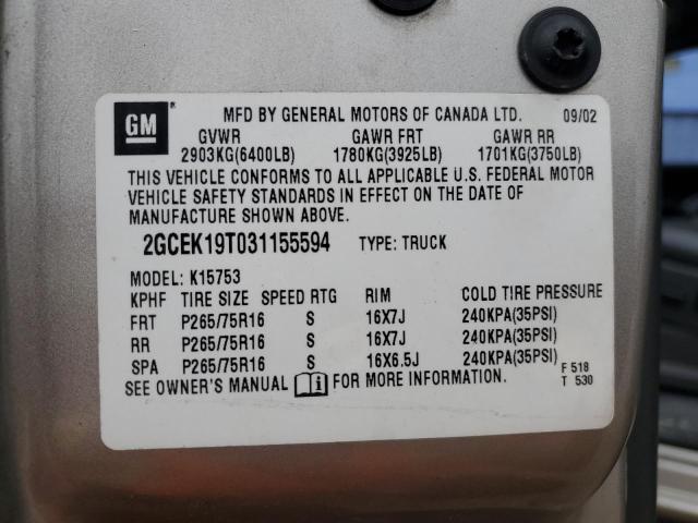 Photo 10 from auction – 2003 CHEVROLET SILVERADO with VIN 2GCEK19T031155594