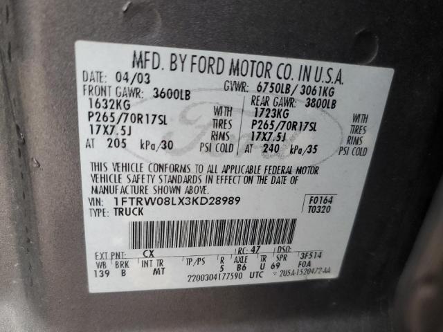 Photo 10 from auction – 2003 FORD F150 SUPER with VIN 1FTRW08LX3KD28989