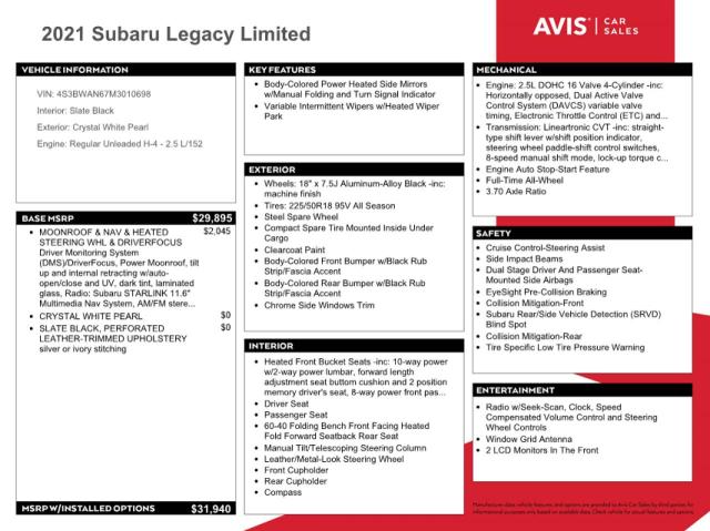 Photo 10 from auction – 2021 SUBARU LEGACY LIM with VIN 4S3BWAN67M3010698