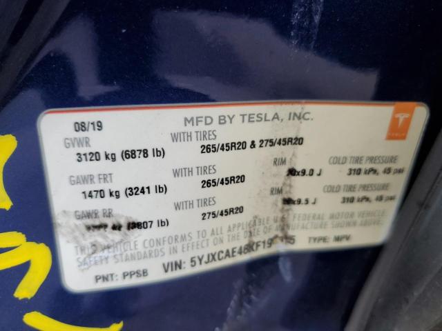 Photo 10 from auction – 2019 TESLA MODEL X with VIN 5YJXCAE46KF191015