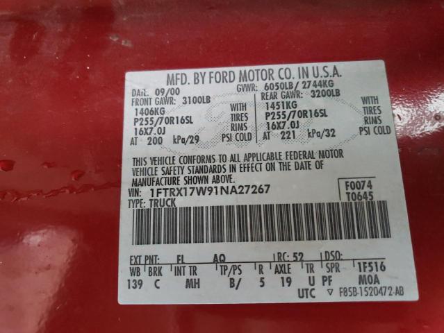 Photo 10 from auction – 2001 FORD F150 with VIN 1FTRX17W91NA27267