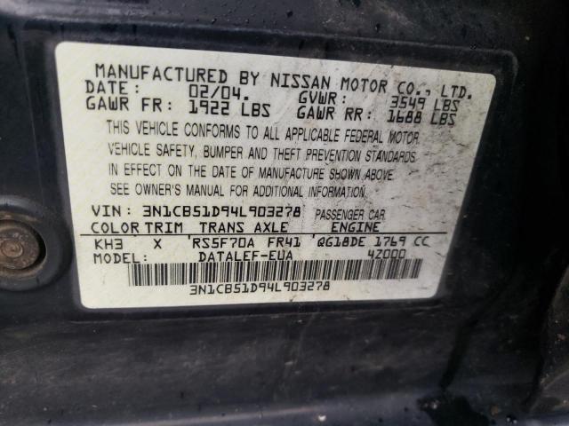 Photo 10 from auction – 2004 NISSAN SENTRA with VIN 3N1CB51D94L903278