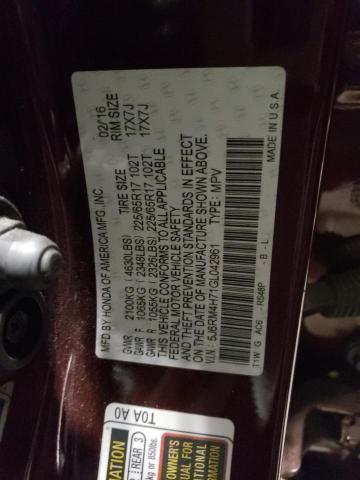 Photo 10 from auction – 2016 HONDA CR-V EXL with VIN 5J6RM4H71GL042961