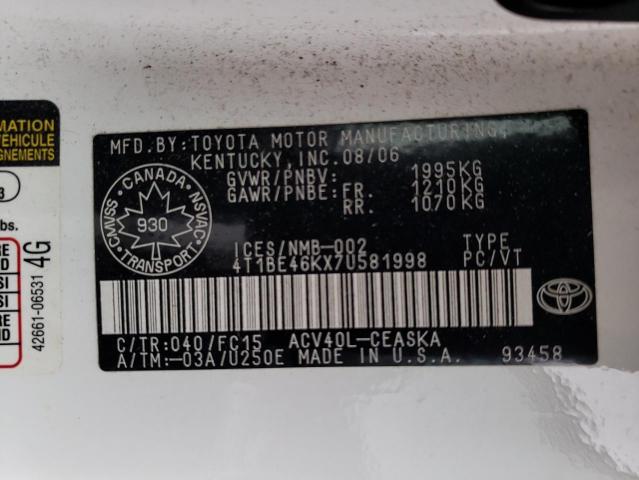 Photo 10 from auction – 2007 TOYOTA CAMRY CE with VIN 4T1BE46KX7U581998