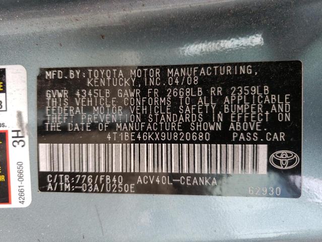 Photo 10 from auction – 2009 TOYOTA CAMRY BASE with VIN 4T1BE46KX9U820680
