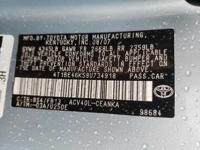 Photo 10 from auction – 2008 TOYOTA CAMRY CE with VIN 4T1BE46K58U734918