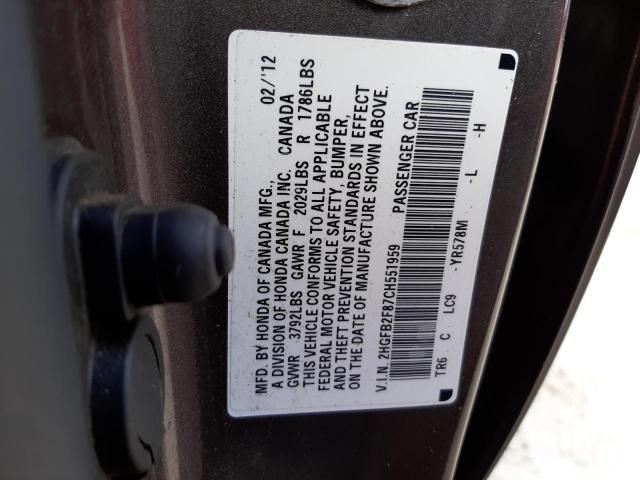 Foto 10 de la subasta – 2012 HONDA CIVIC EX con VIN 2HGFB2F87CH551959