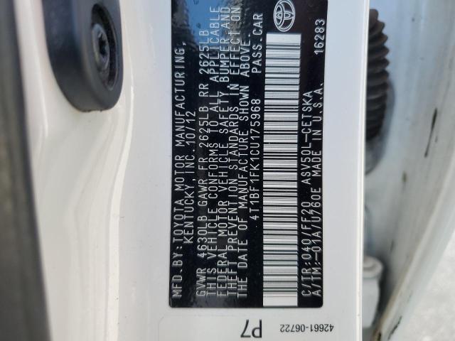 Photo 10 from auction – 2012 TOYOTA CAMRY BASE with VIN 4T1BF1FK1CU175968