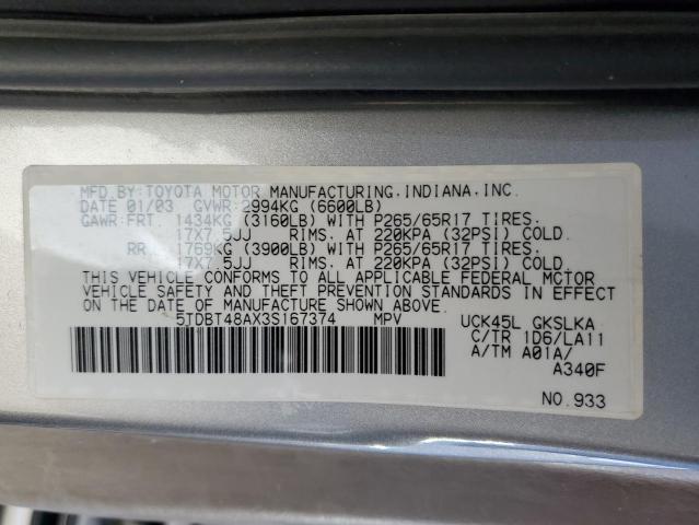 Photo 10 from auction – 2003 TOYOTA SEQUOIA LI with VIN 5TDBT48AX3S167374