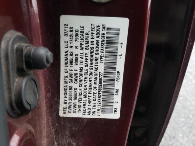 Photo 10 from auction – 2012 HONDA CIVIC LX with VIN 19XFB2F58CE080727